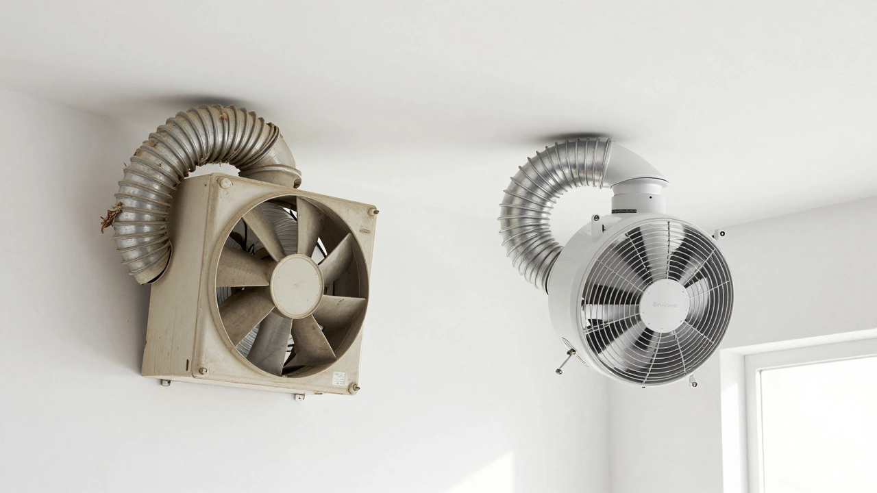 Comparison of outdated and modern extractor fans with ducting differences.