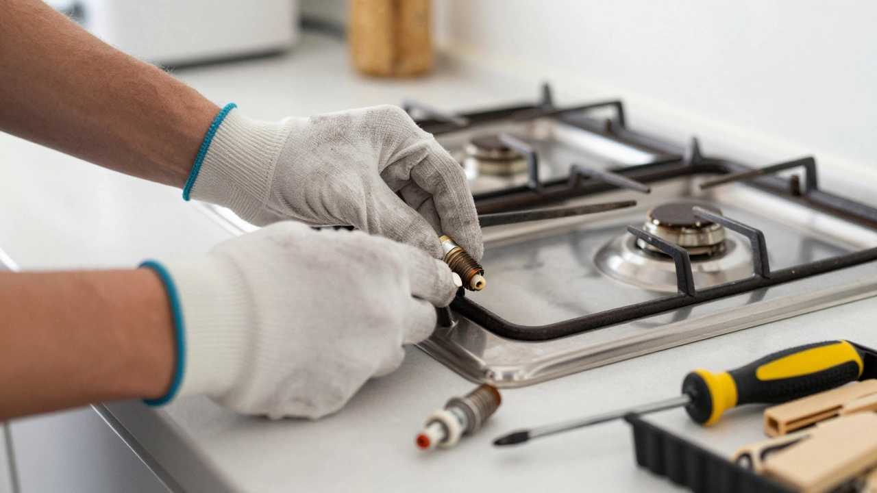 DIY homeowner replacing a gas oven igniter with tools and new part on counter in a clean kitchen.