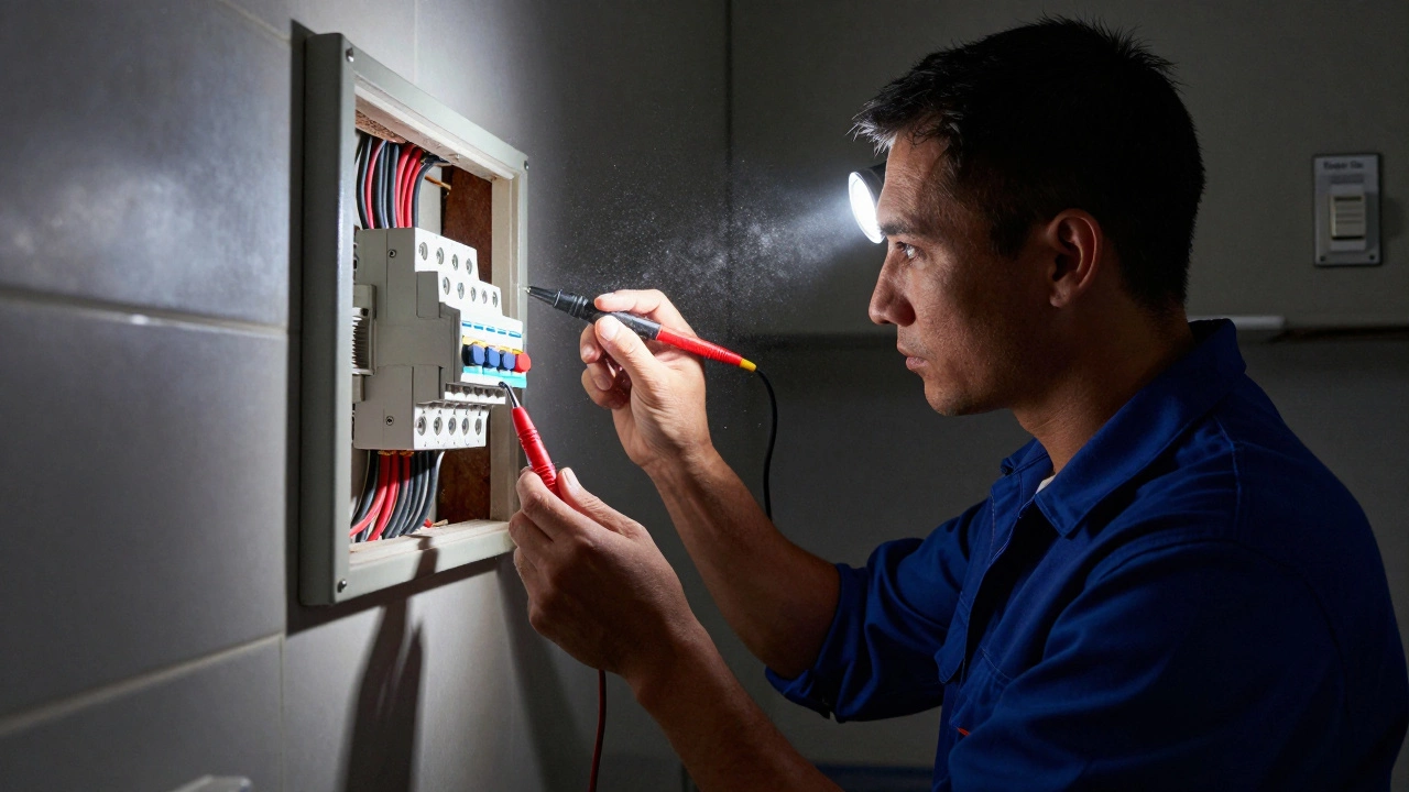 Electrician inspecting hidden wiring behind a wall for a faulty extractor fan connection