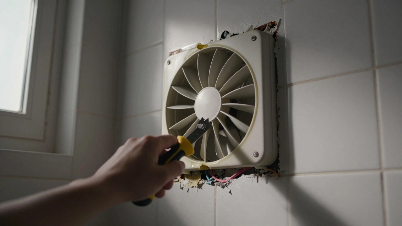 Exposed old wiring and asbestos insulation behind a wall-mounted extractor fan.