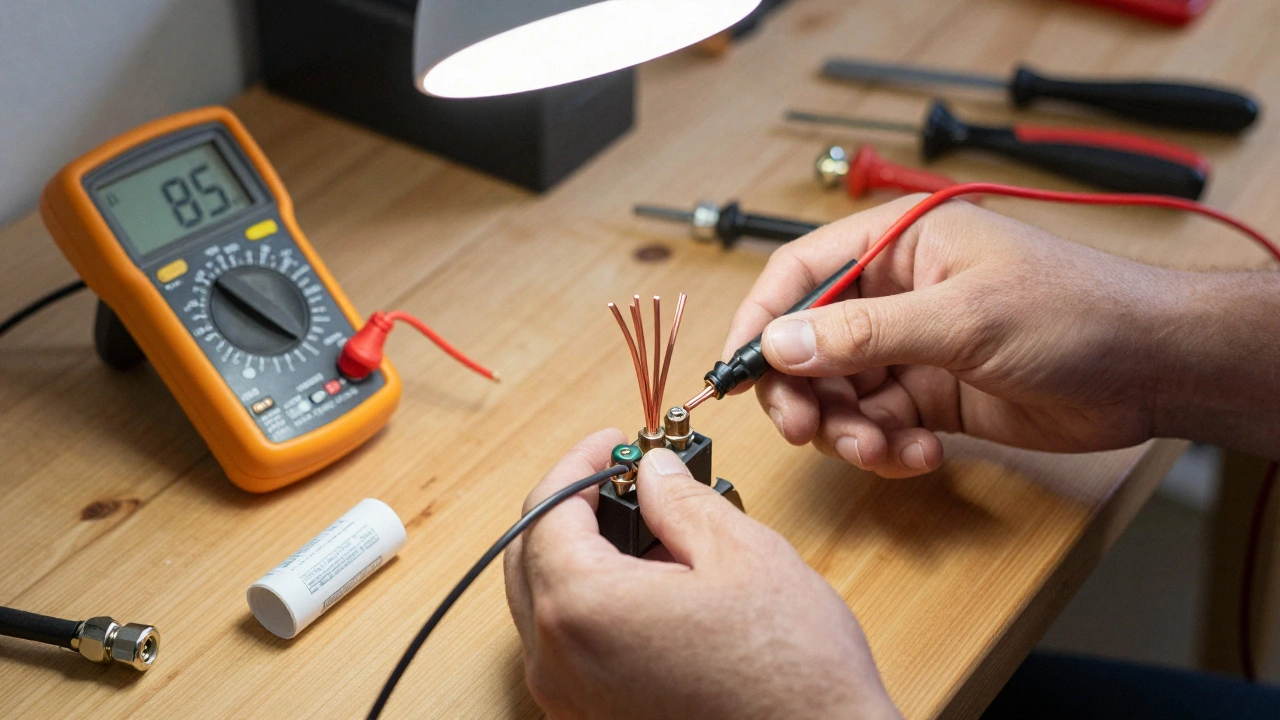 Hand connecting new heating element wires to terminal blocks using wire nuts.