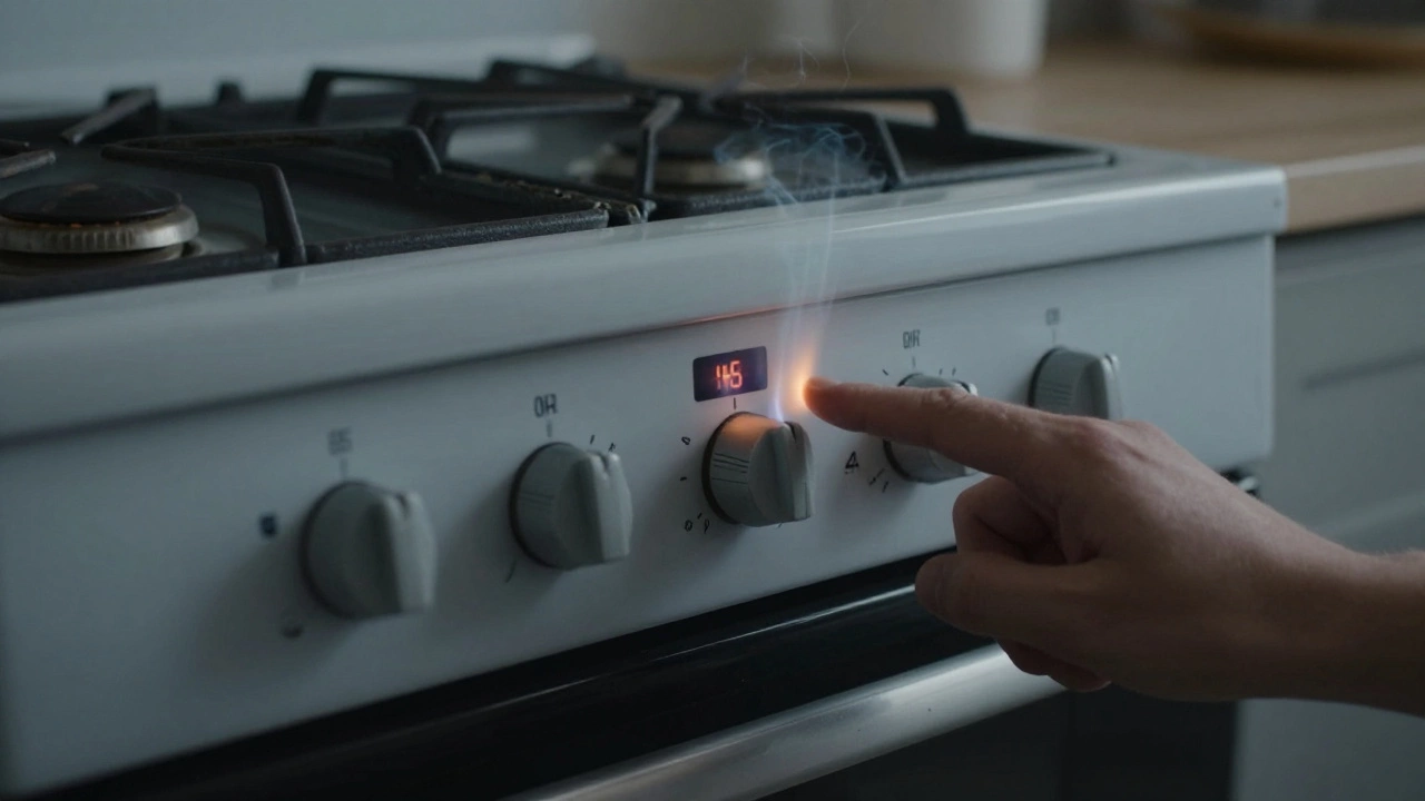 Oven control panel showing extended ignition time with no flame, faint gas odor visible near the door crack.