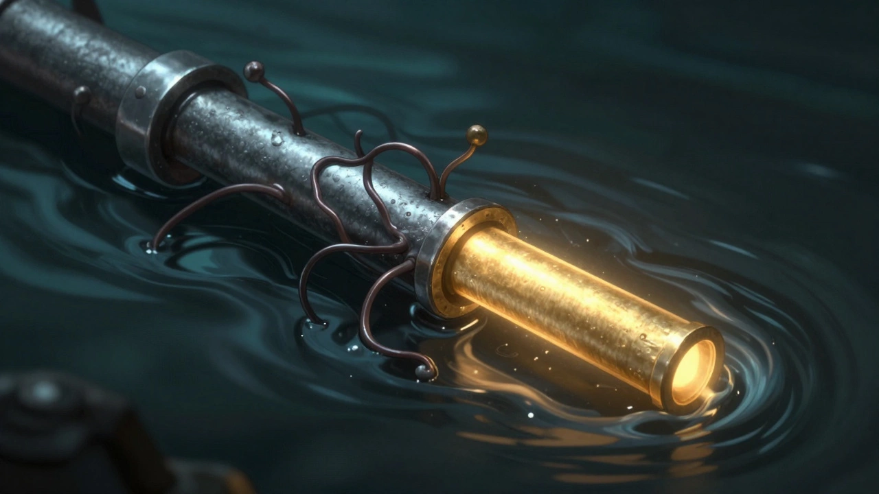 Sacrificial anode rod half-corroded inside a water heater, with corrosive elements attacking the tank lining.