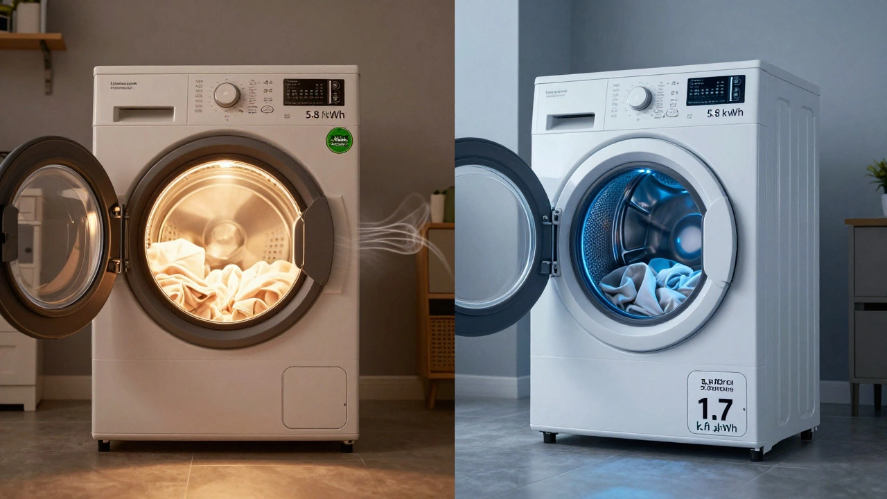 Side-by-side comparison of an old energy-hog dryer and a modern heat pump dryer with visible kWh labels and government rebate sticker.