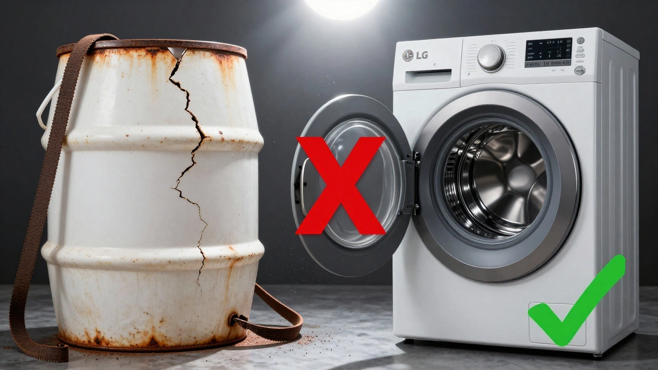 Split image comparing broken budget washer parts to durable direct-drive motor components.