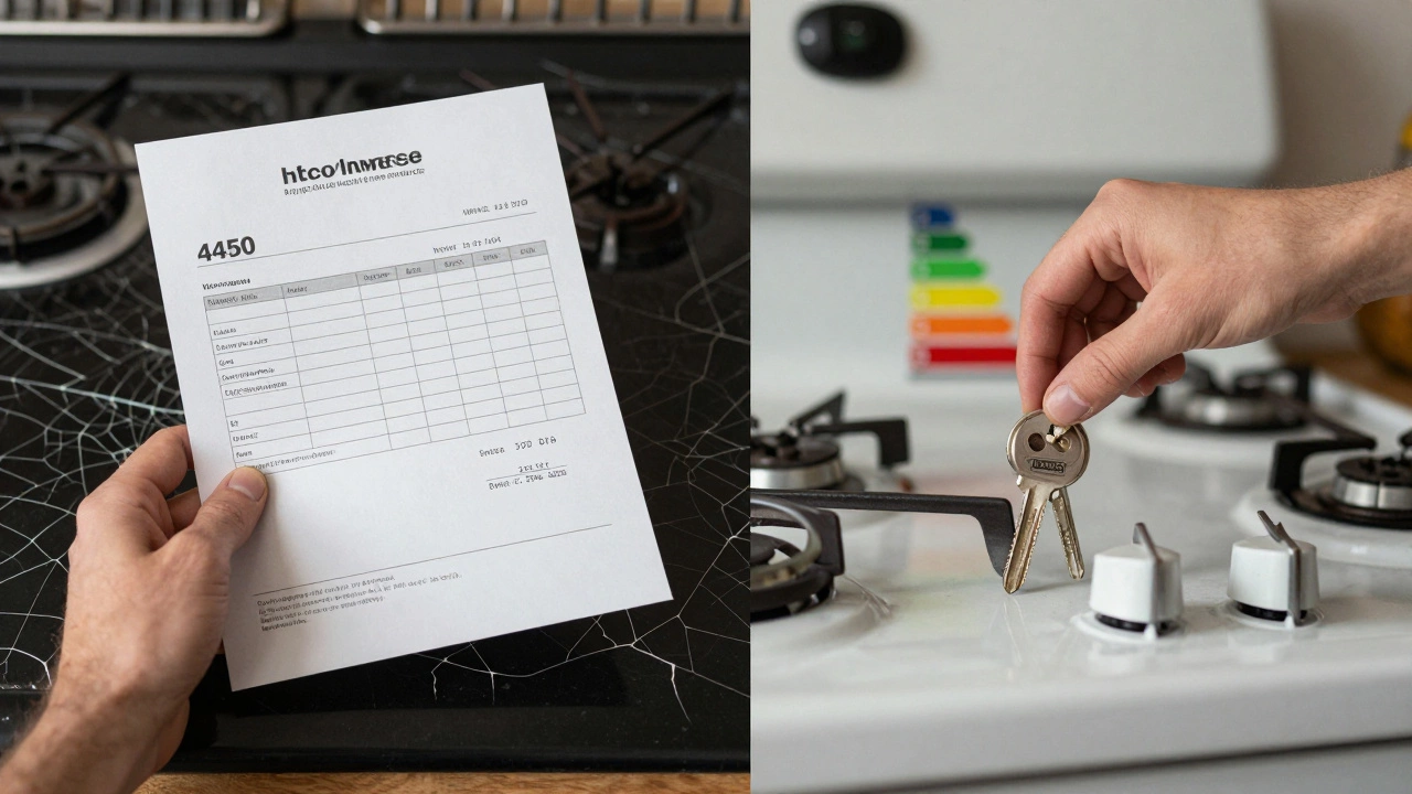 Split image: repair bill beside broken stove versus new stove with warranty and energy savings graph.