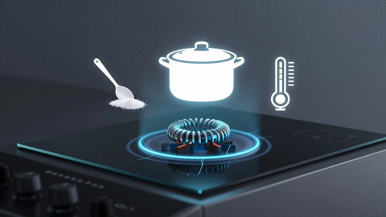 Transparent induction hob showing cracked internal coil, with icons of common failure causes.