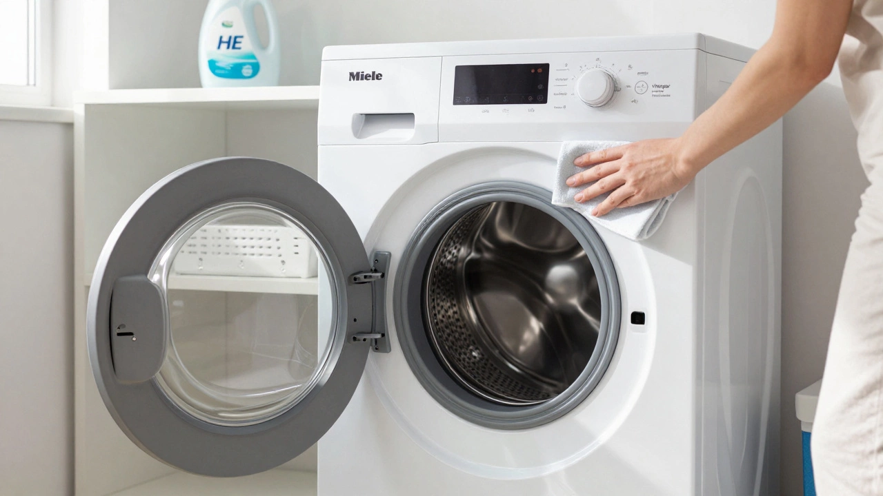 Woman wiping washing machine door seal, Miele appliance in a sunlit laundry room.