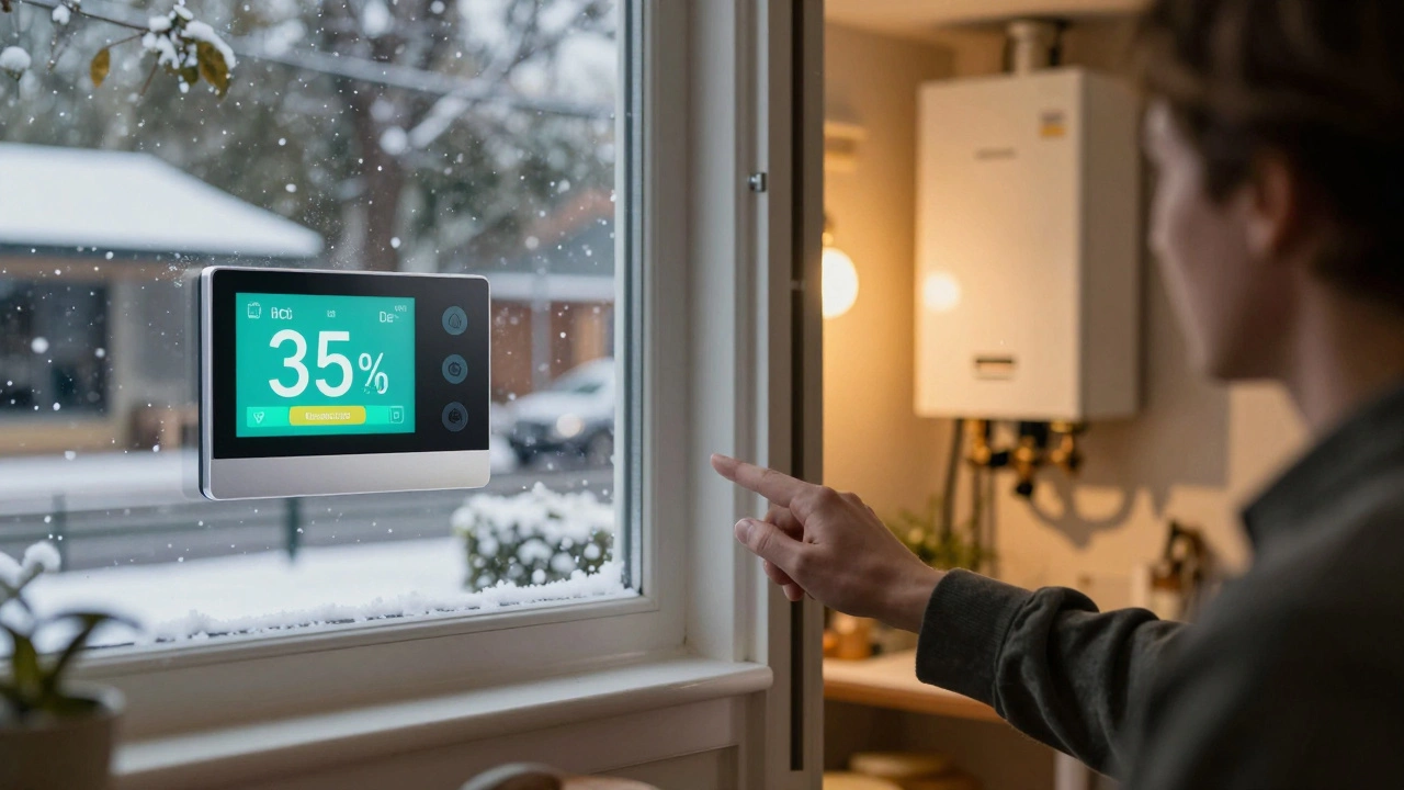 A homeowner smiling at a smart thermostat showing 35% energy savings, with a newly installed boiler visible through an open door.