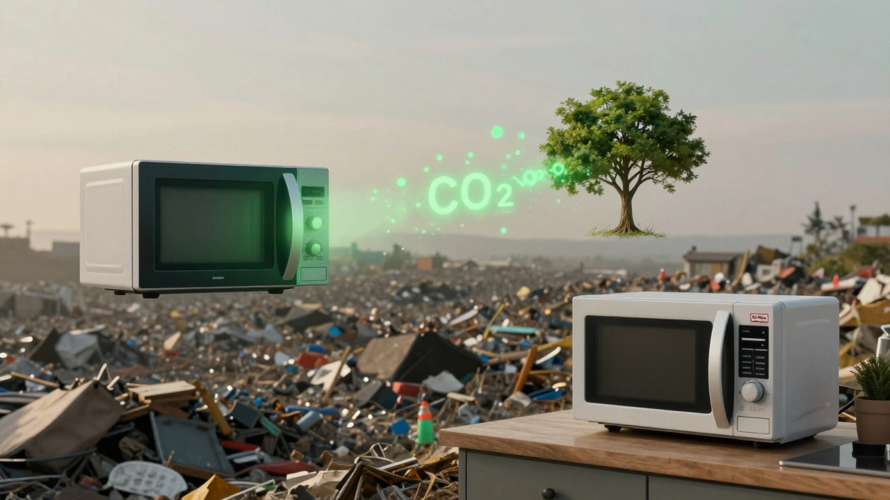 A microwave in landfill emitting CO2 that becomes a tree, while a repaired one stays in use on a counter.