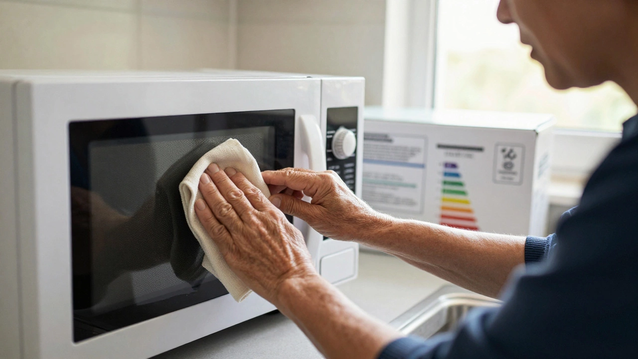 An elderly person cleaning a microwave while a young adult holds a new replacement box in a sunny kitchen.