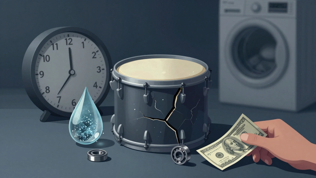 Artistic depiction of a worn drum bearing surrounded by symbols of time, water damage, and repair cost.