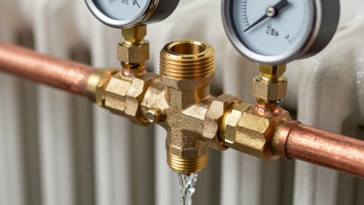 Close up of brass valves and pipes during system flushing.