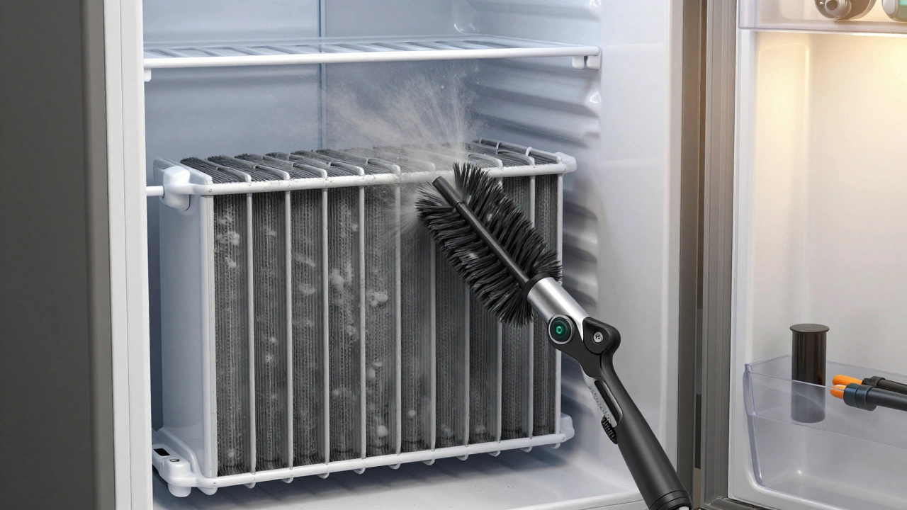 Dirty condenser coils being cleaned with brush and vacuum.