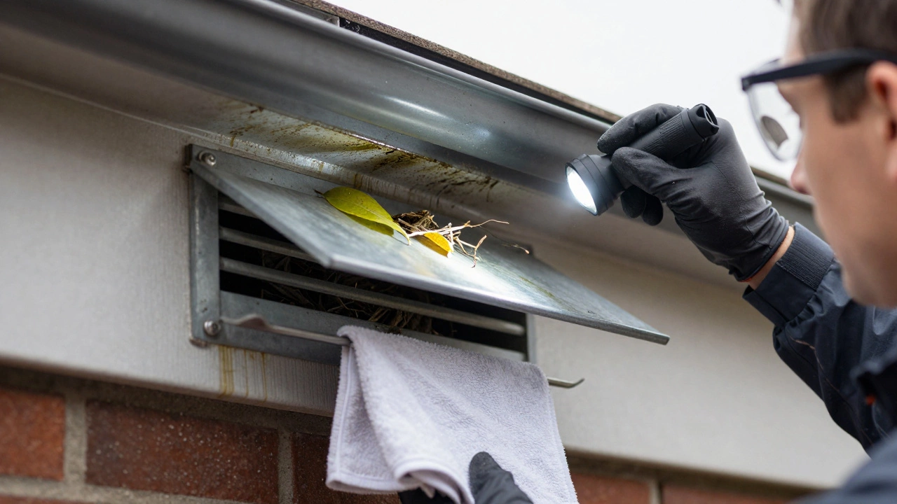 External vent on a UK home roof with a bird nest and grease residue, being inspected with a flashlight.