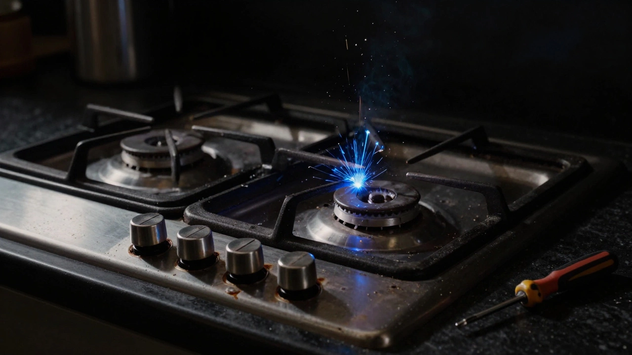 Gas burner igniting blue sparks on a dark hob surface.