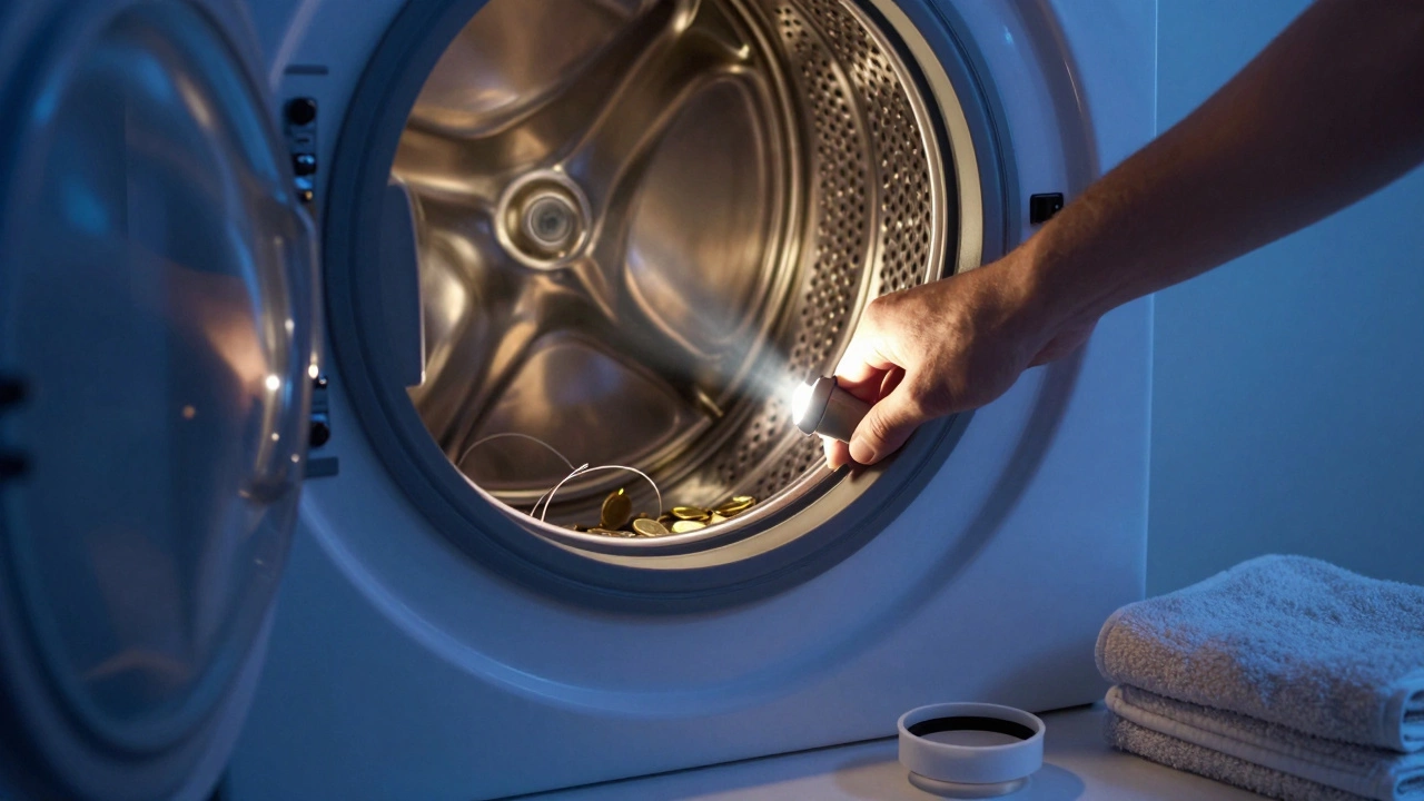 Hand turning a dryer drum while foreign objects are stuck between drum and casing.