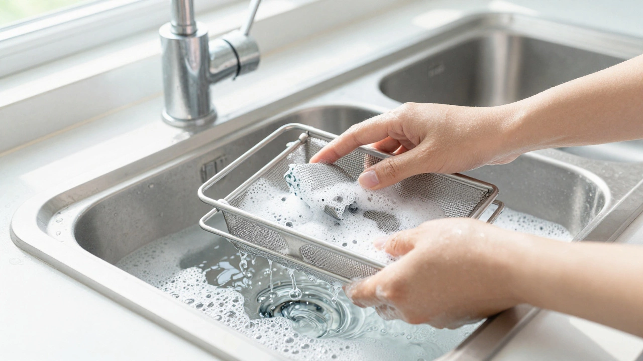 Hands washing metal fan filters in a kitchen sink