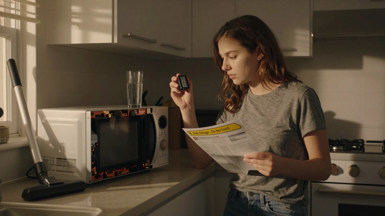 Homeowner holding a replacement fuse beside an open microwave with a warning sticker.