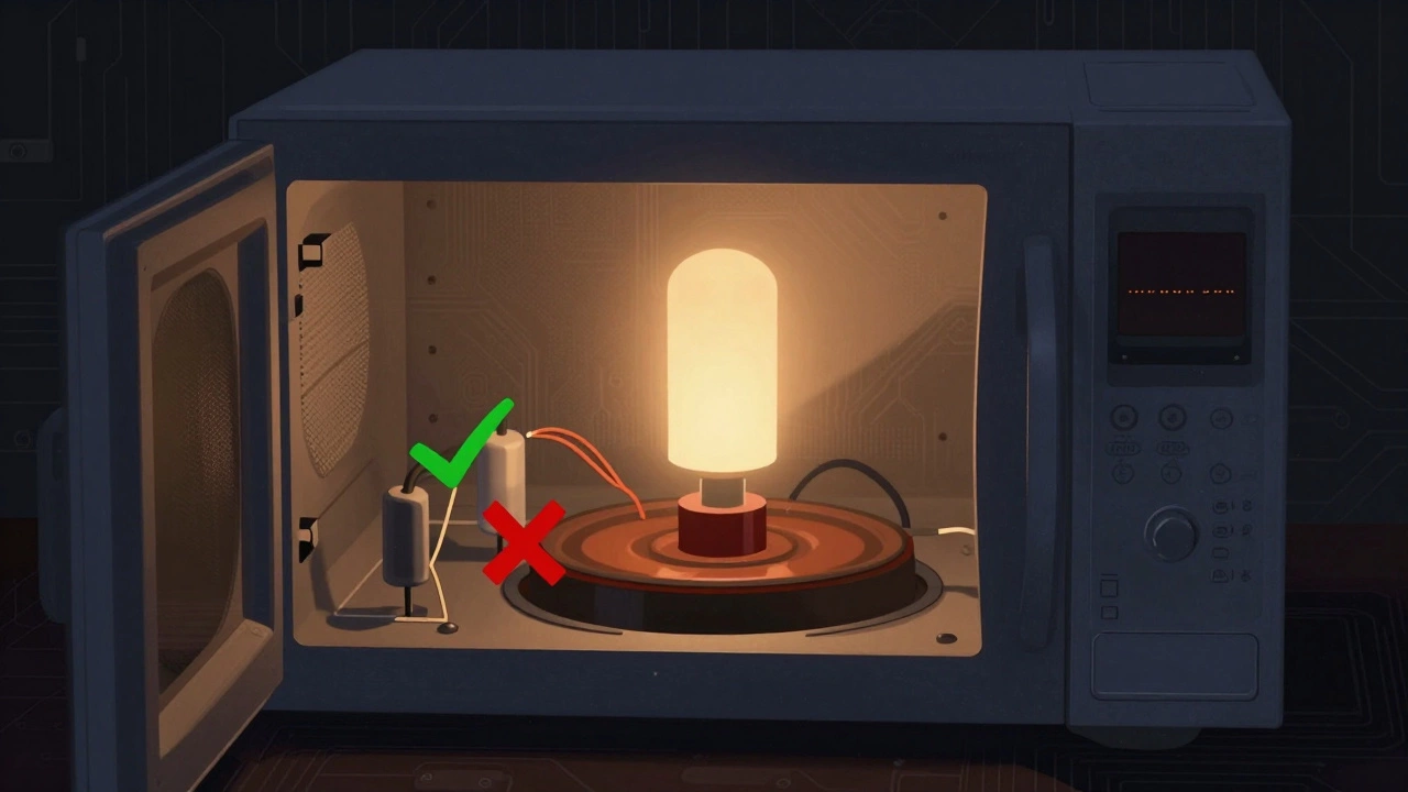 Internal microwave parts illustrated with repairable components marked in green and the magnetron marked in red.