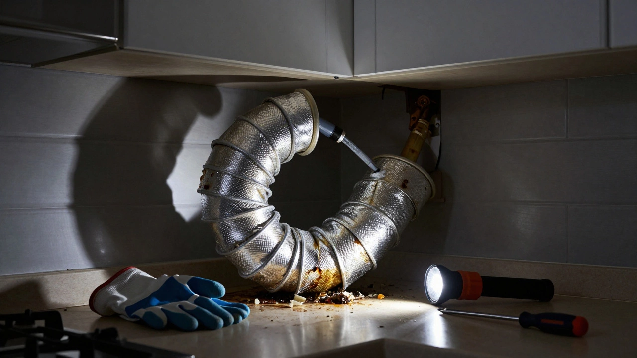 Kinked duct inside a kitchen cabinet, illuminated by a flashlight, showing grease buildup and debris.