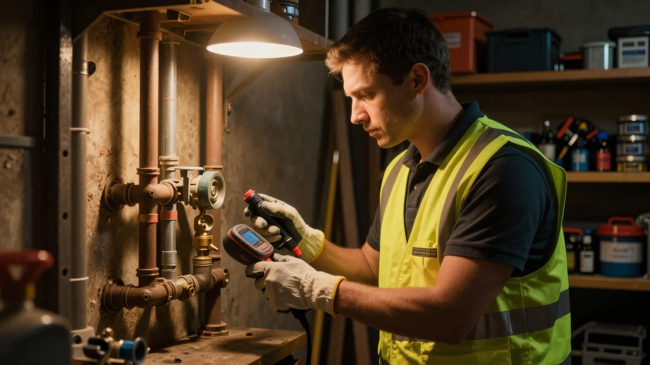 Licensed technician inspecting gas lines with safety equipment.