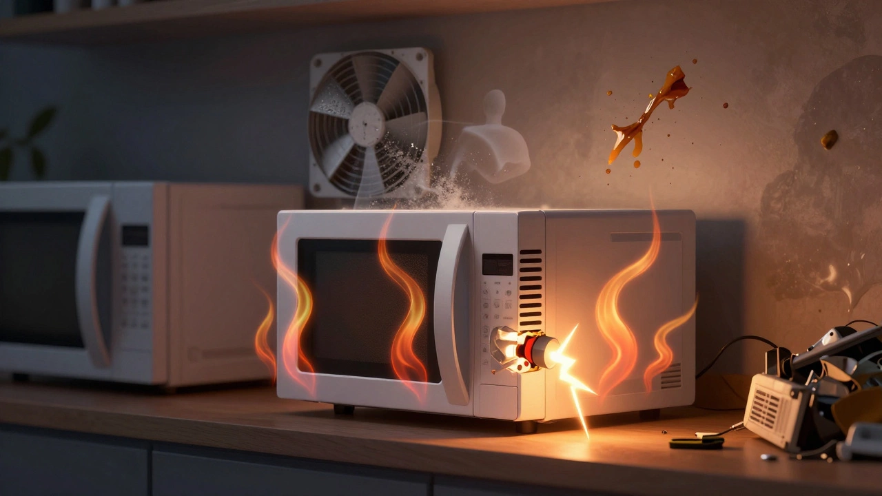 Overheating microwave with a snapping fuse and blocked vents, symbolizing neglect.