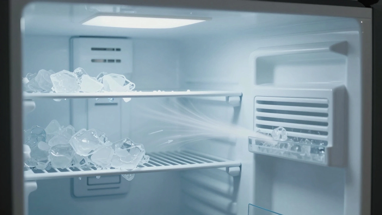 Refrigerator air vent blocked by ice versus clear airflow.