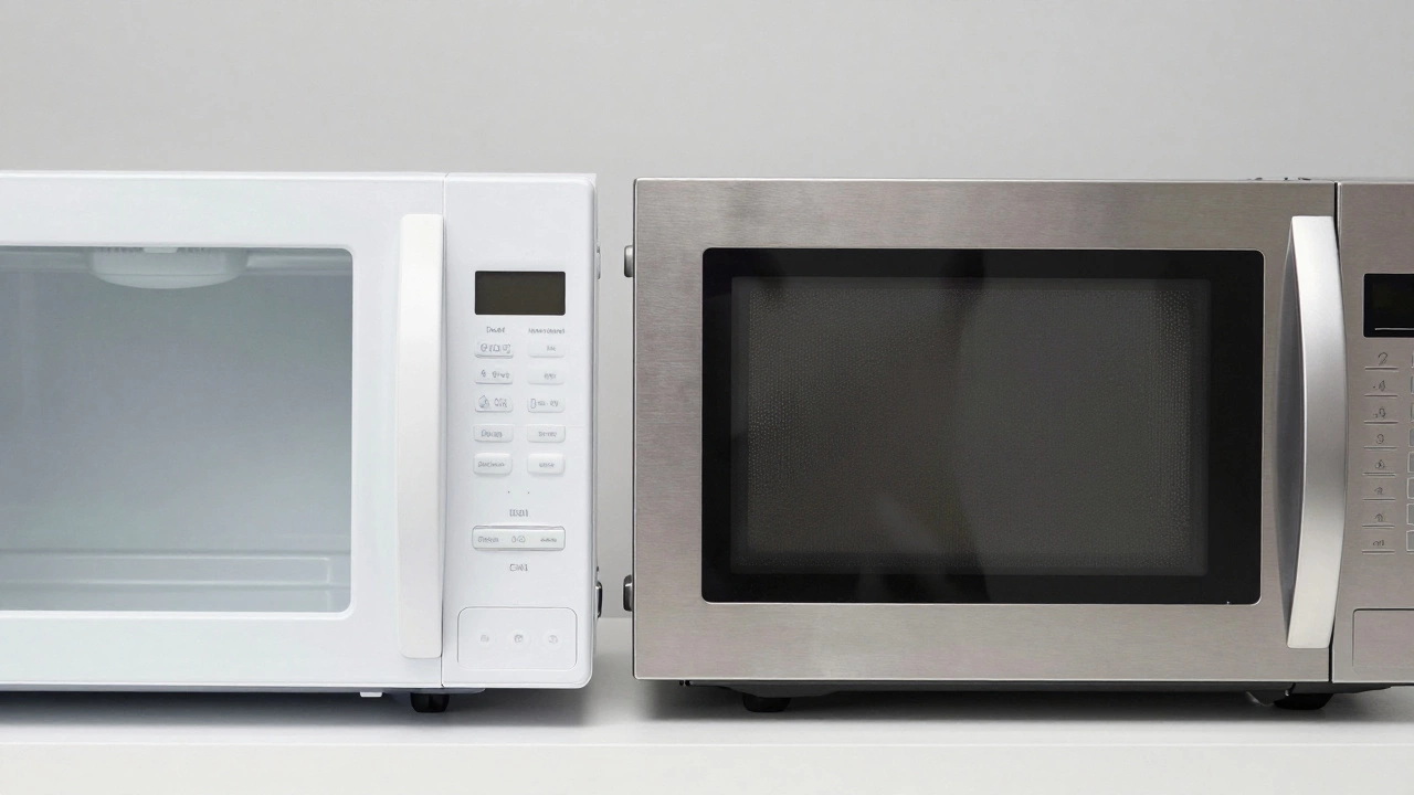 Side-by-side comparison of a cheap microwave versus a high-quality inverter model with stainless steel interior.