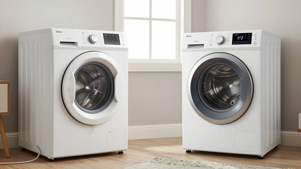 Side-by-side view of an aging dryer and a modern Energy Star-certified dryer in the same setting.