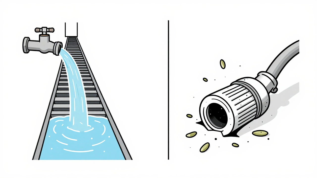 Split illustration comparing a clear dishwasher drain path with a clogged one.
