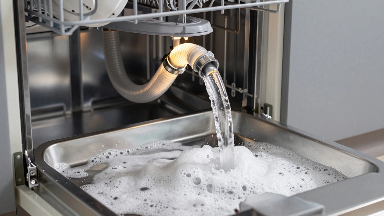 Water pooling in a dishwasher tub due to a kinked drain hose behind the cabinet.