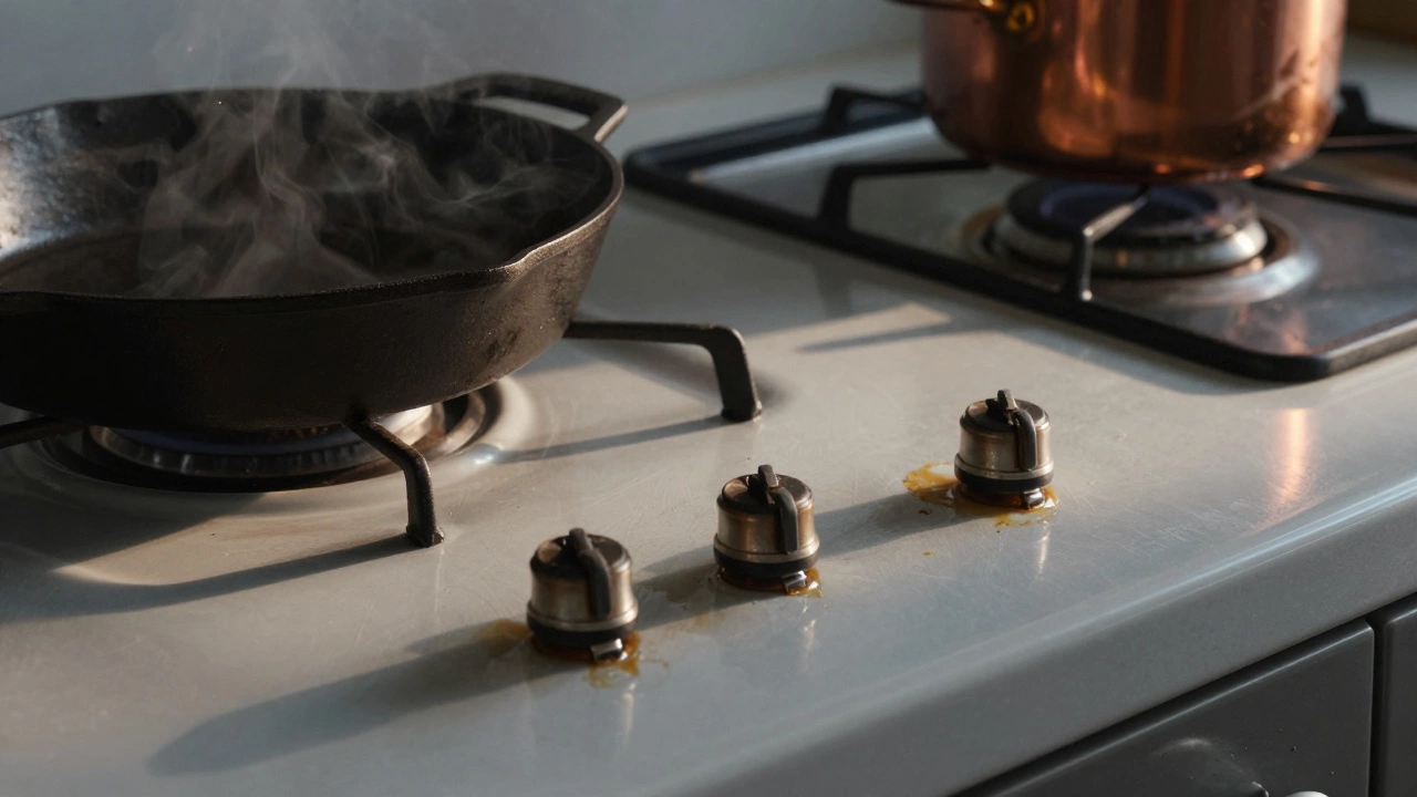 Worn ceramic stovetop with scratches and steam from a pot.