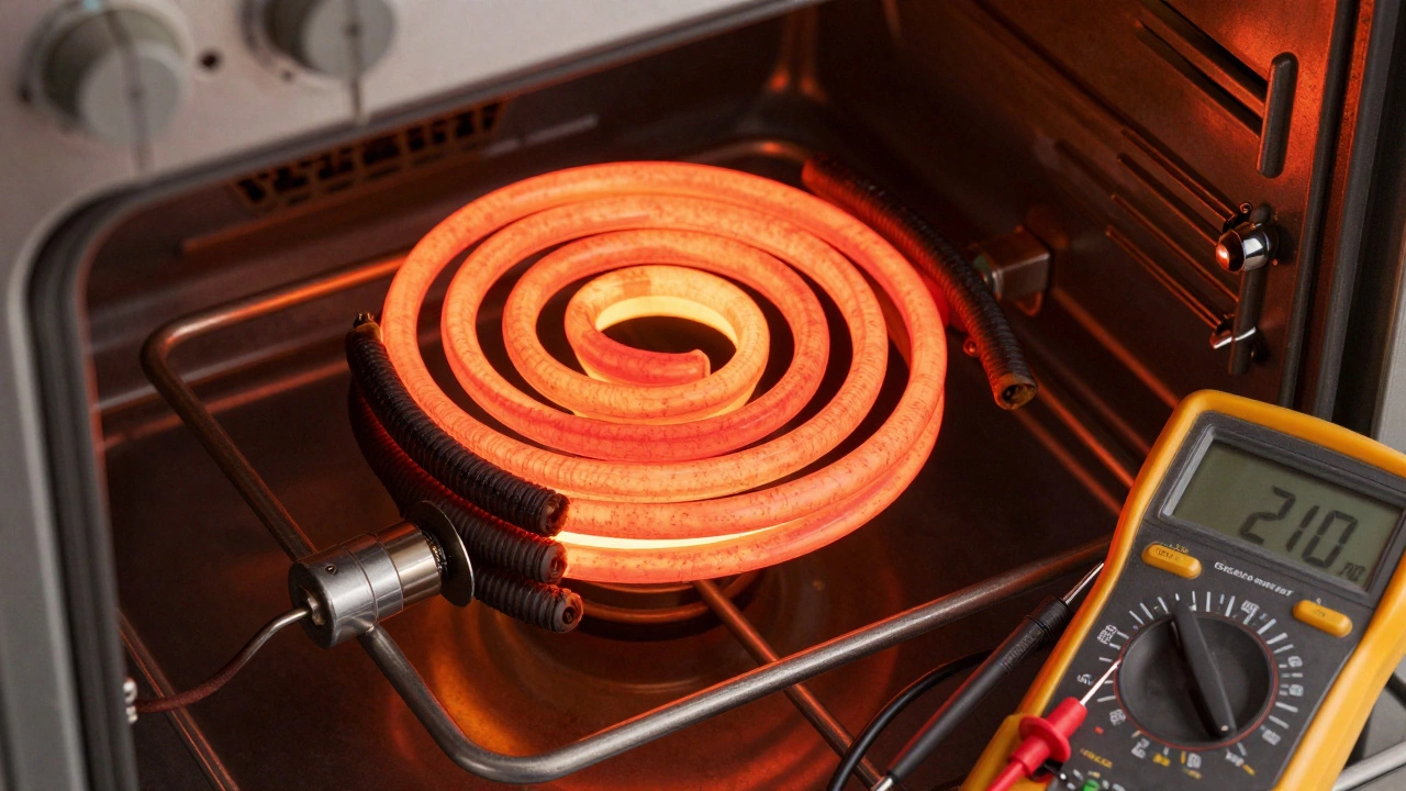 Close-up of a broken heating element being tested with a digital multimeter.