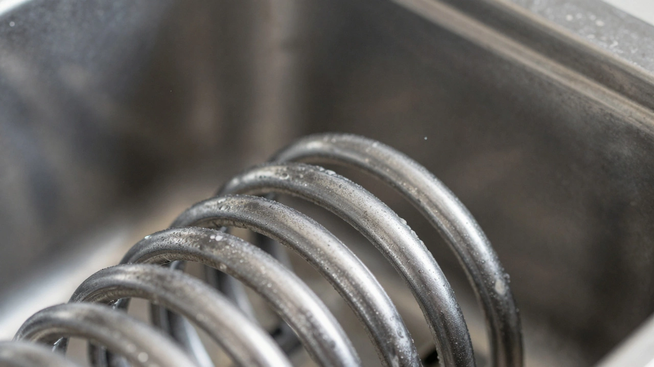 Close-up of a corroded dishwasher heating element with white mineral buildup