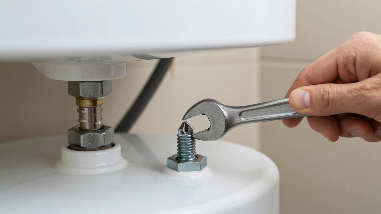 Close-up of a socket wrench removing an anode rod from the top of a water heater