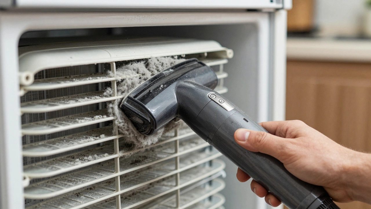 Close-up of a vacuum cleaner removing dust from refrigerator condenser coils