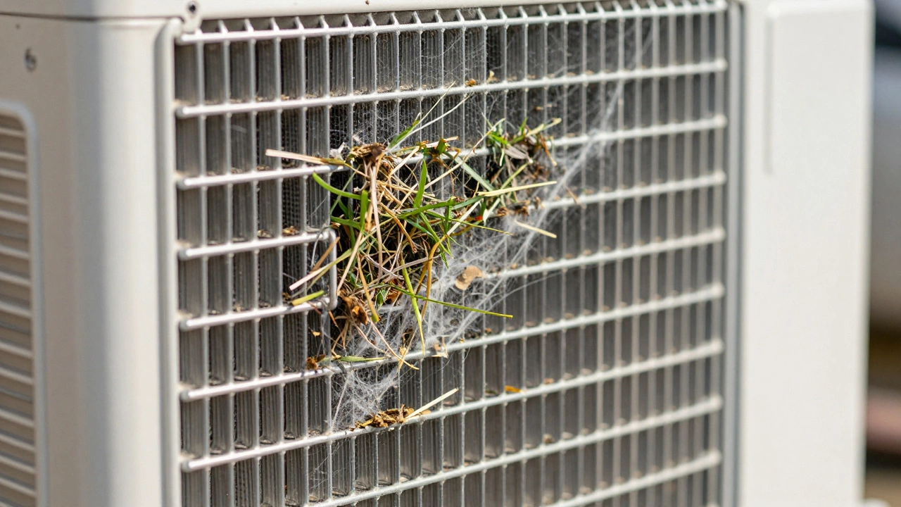 Close-up of dirty heat pump condenser coils clogged with dust and debris