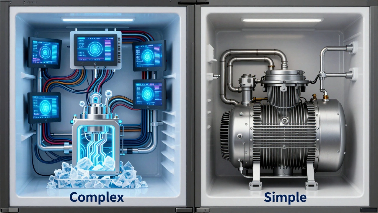 Comparison between a complex smart refrigerator system and a simple mechanical compressor
