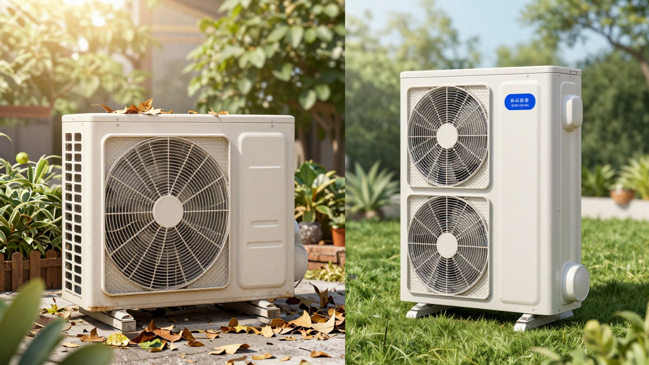 Comparison between an old dirty heat pump and a new energy-efficient model