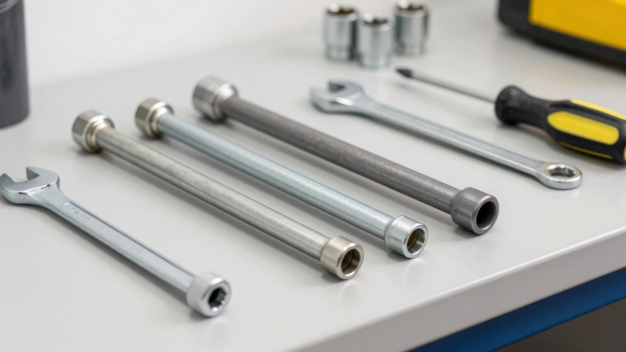 Different types of anode rods and a socket wrench on a professional workbench