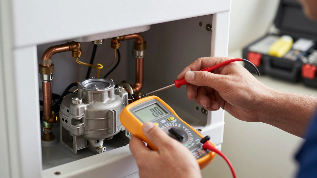 Engineer repairing internal components of a gas boiler