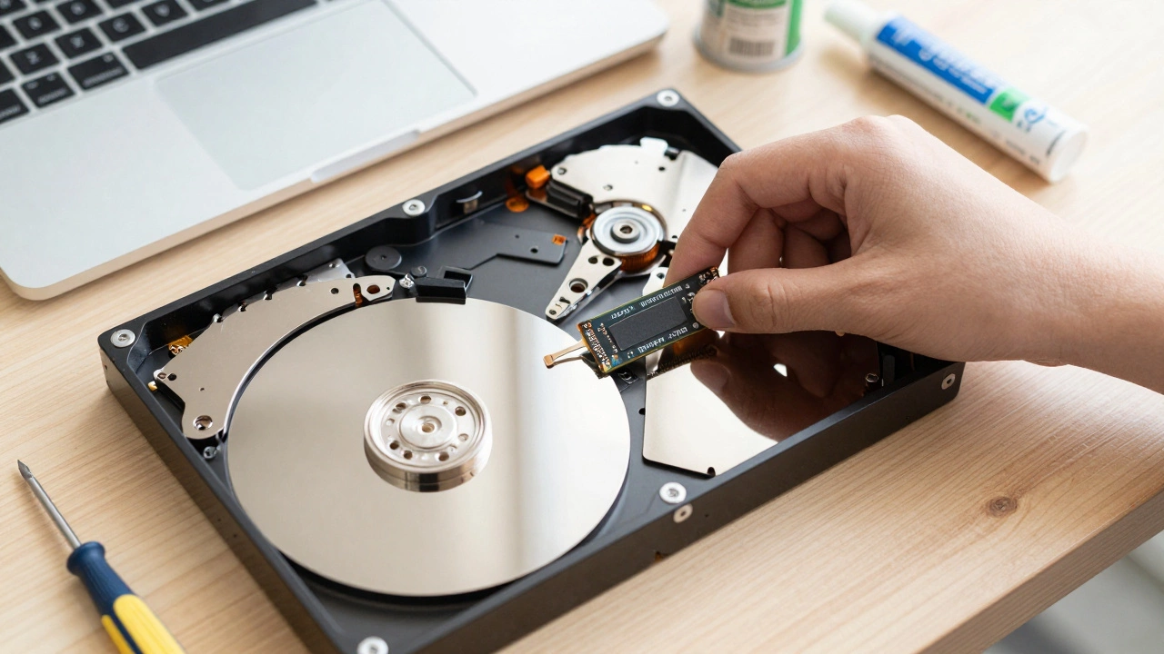 Hands installing a new SSD into an open old laptop on a workbench