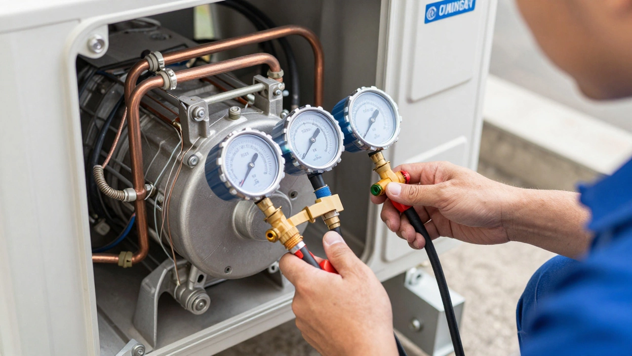 HVAC technician using gauges to repair a heat pump outdoor unit