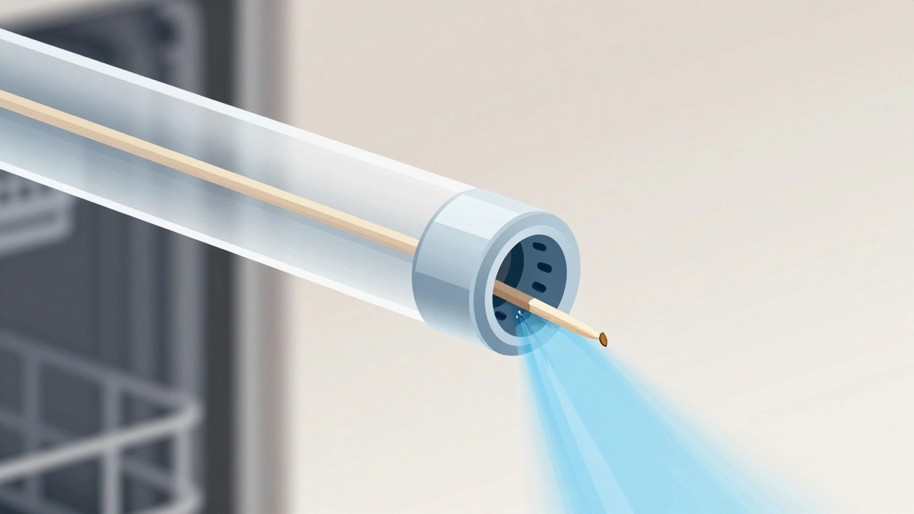 Illustration of a dishwasher spray arm with nozzle holes blocked by debris
