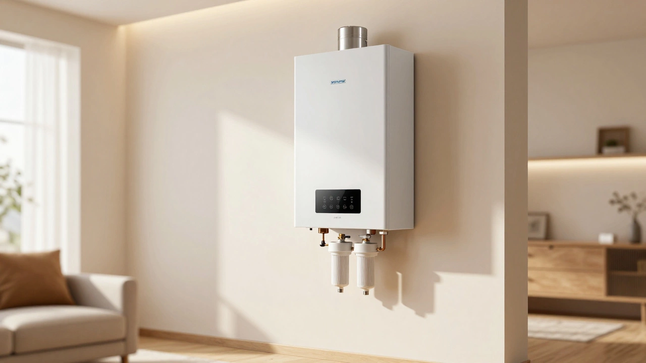 Modern high-efficiency condensing boiler in a utility room