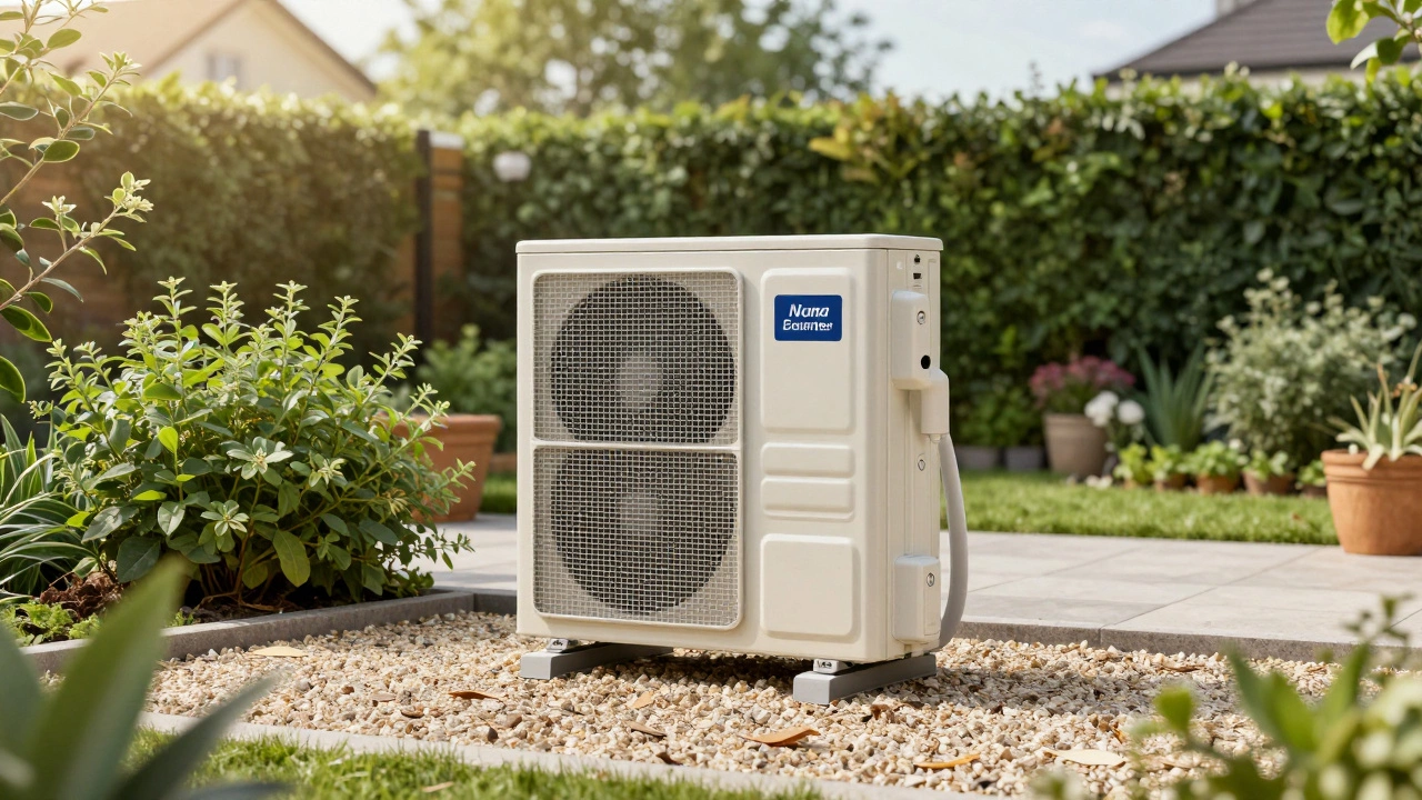 Properly installed outdoor heat pump with a clear perimeter in a garden