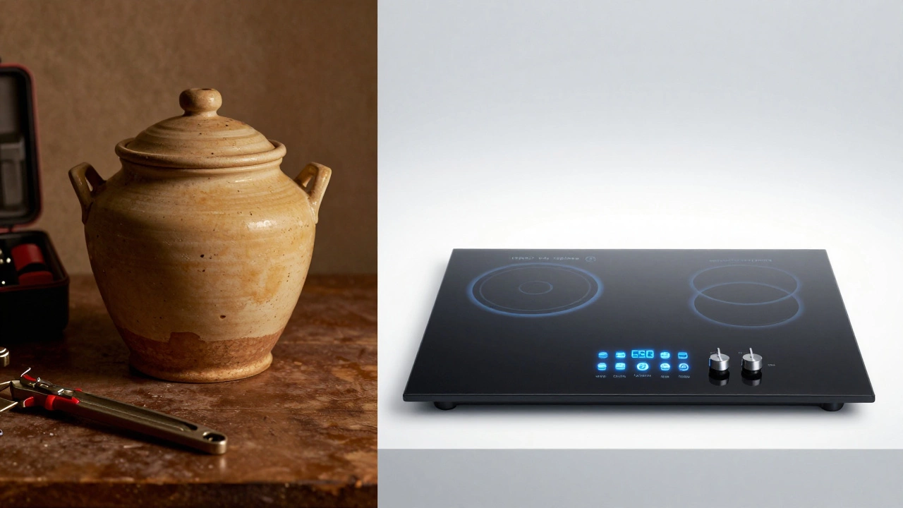 Split screen comparing an old ceramic hob with a modern, energy-efficient induction hob