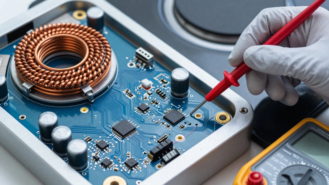 Technician using a multimeter to test the circuit board and copper coil of an induction hob