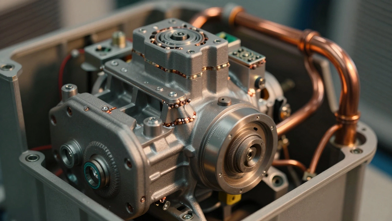 Close-up of heat pump compressor and internal components